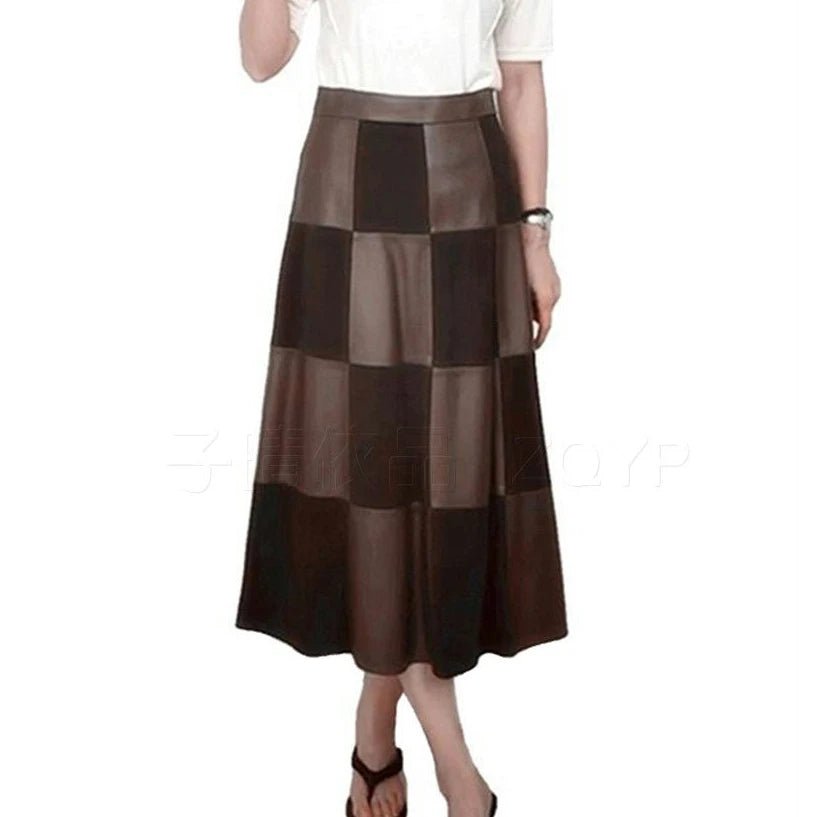 Women's Genuine Leather High Waist Checkerboard A-Line Maxi Skirt M Windia