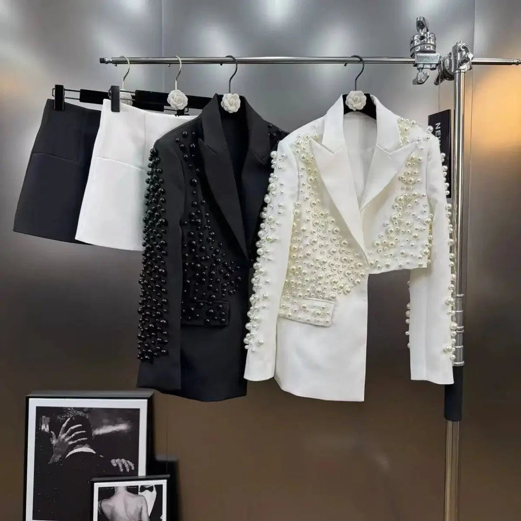 Women's Heavy Beaded Blazer & Straight Skirt Two-Piece Set White Windia