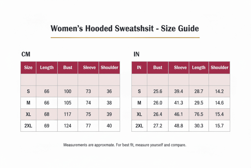 Women's Hooded Casual Sweatshirt | Size Chart | Windia