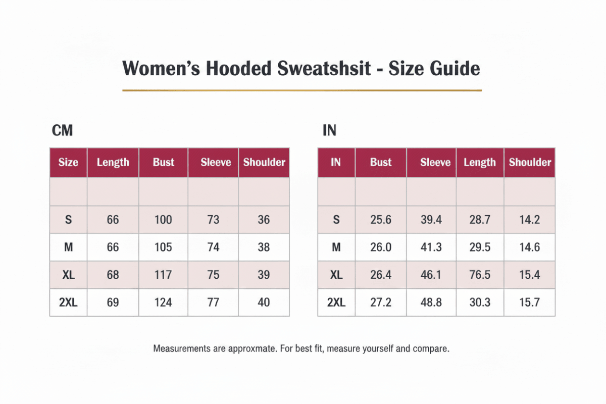 Women's Hooded Casual Sweatshirt | Size Chart | Windia