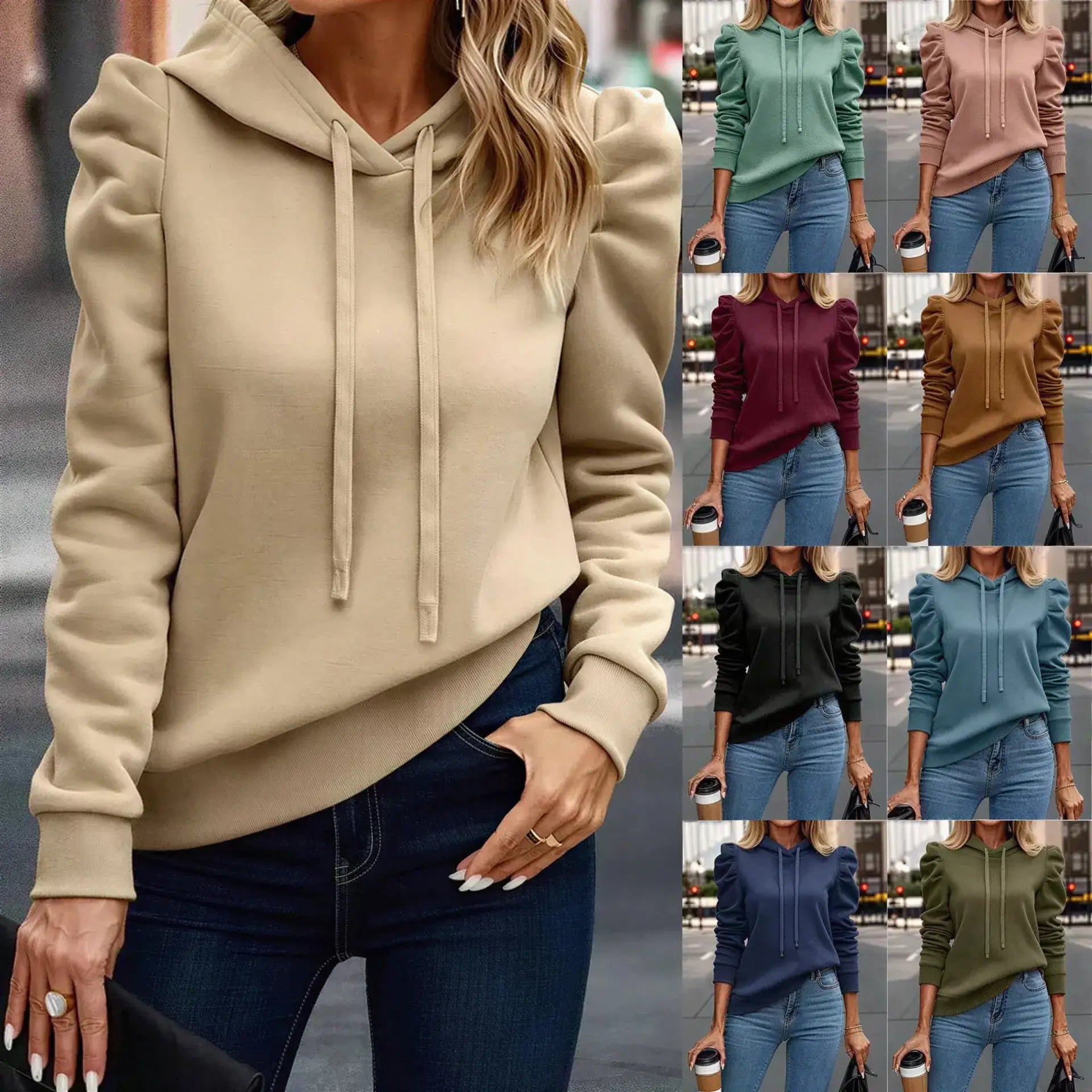 Women's Hooded Casual Sweatshirt – puff sleeve drawstring hoodie - Windia