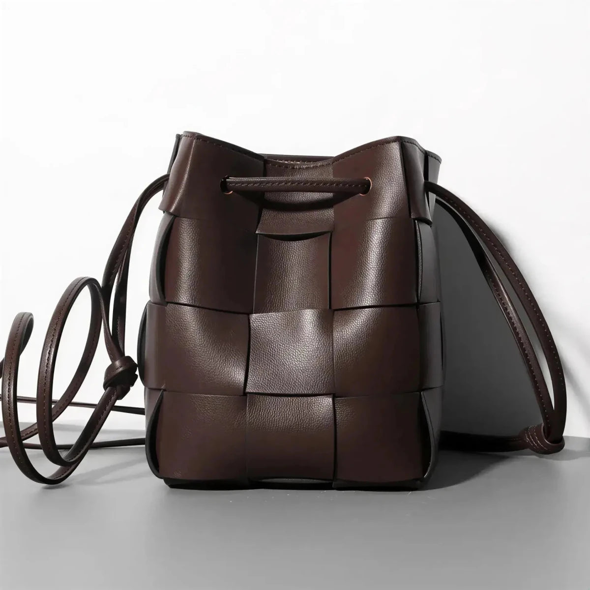 Women's Leather Woven Bucket Bag | Shoulder Bag Brown Windia