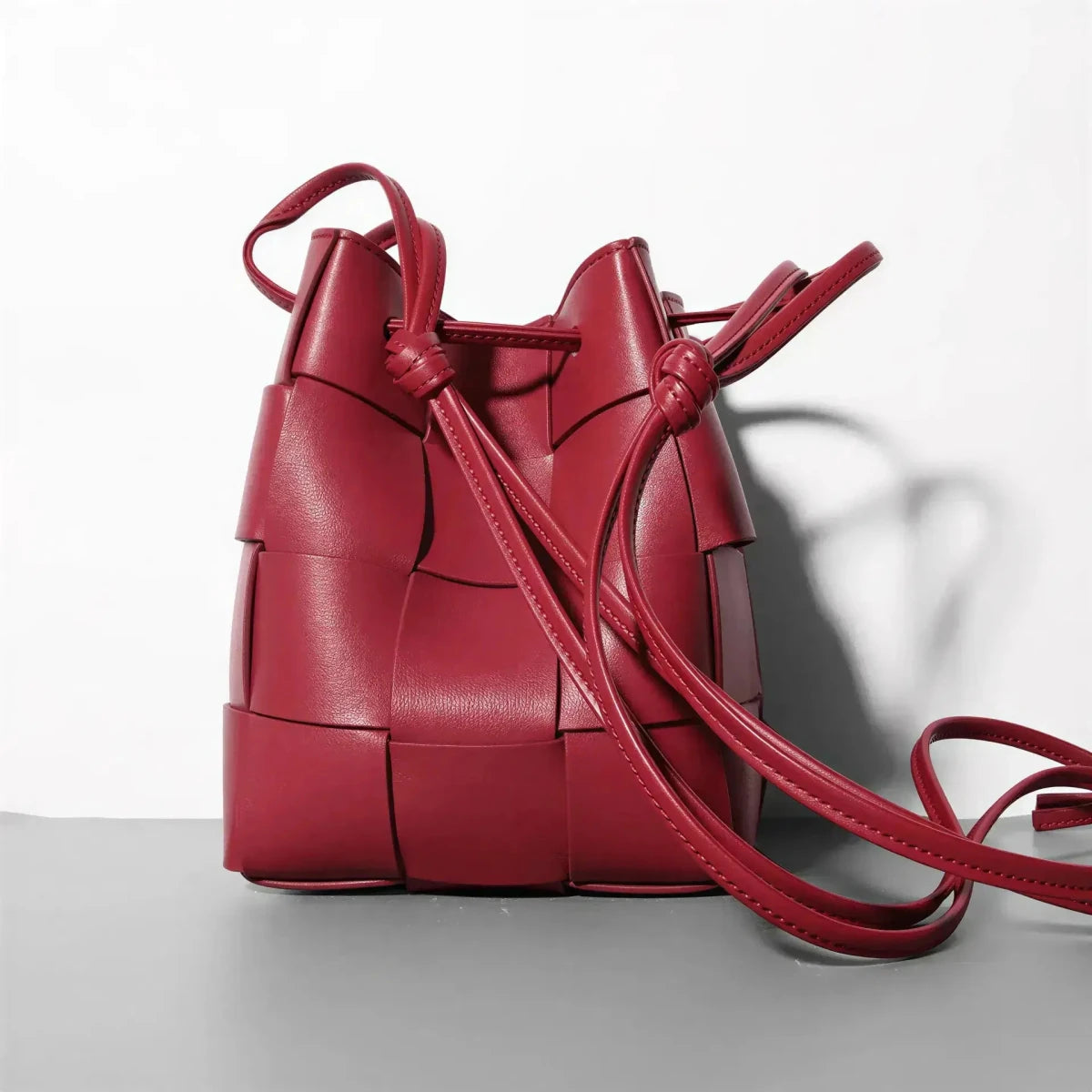 Women's Leather Woven Bucket Bag | Shoulder Bag Red Windia