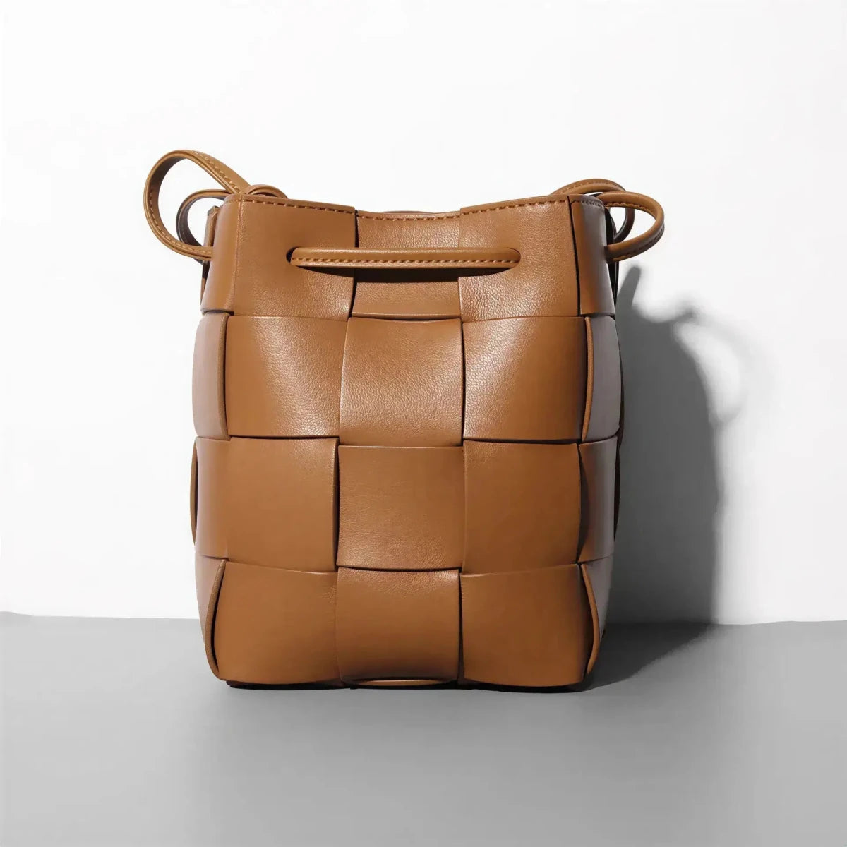 Women's Leather Woven Bucket Bag | Shoulder Bag Tan Windia