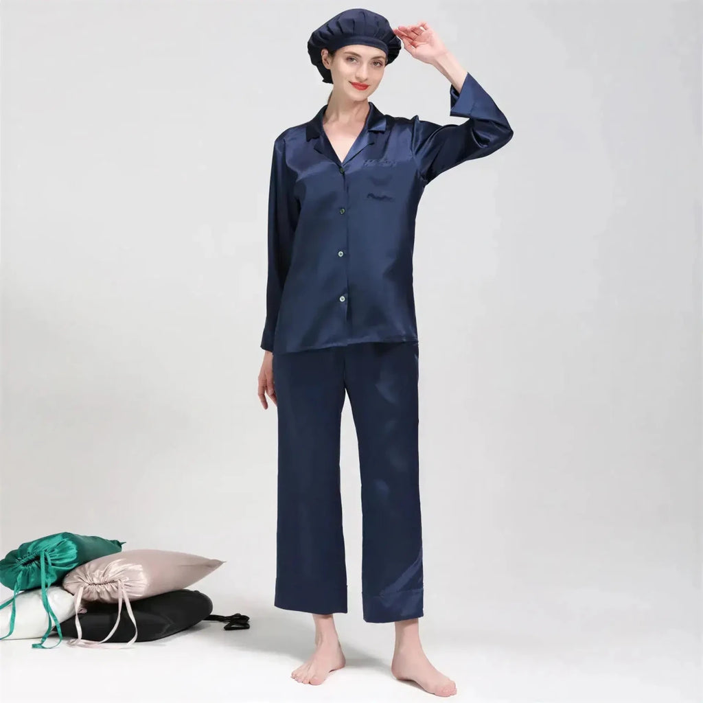 Women's Mulberry Silk Pajama Set | Long Sleeve 2-Piece Sleepwear Navy Windia