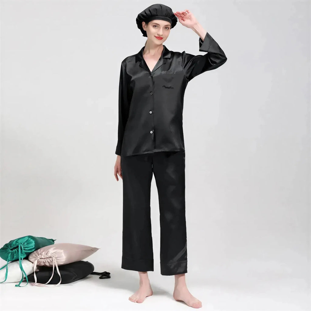 Women's Mulberry Silk Pajama Set | Long Sleeve 2-Piece Sleepwear Black Windia