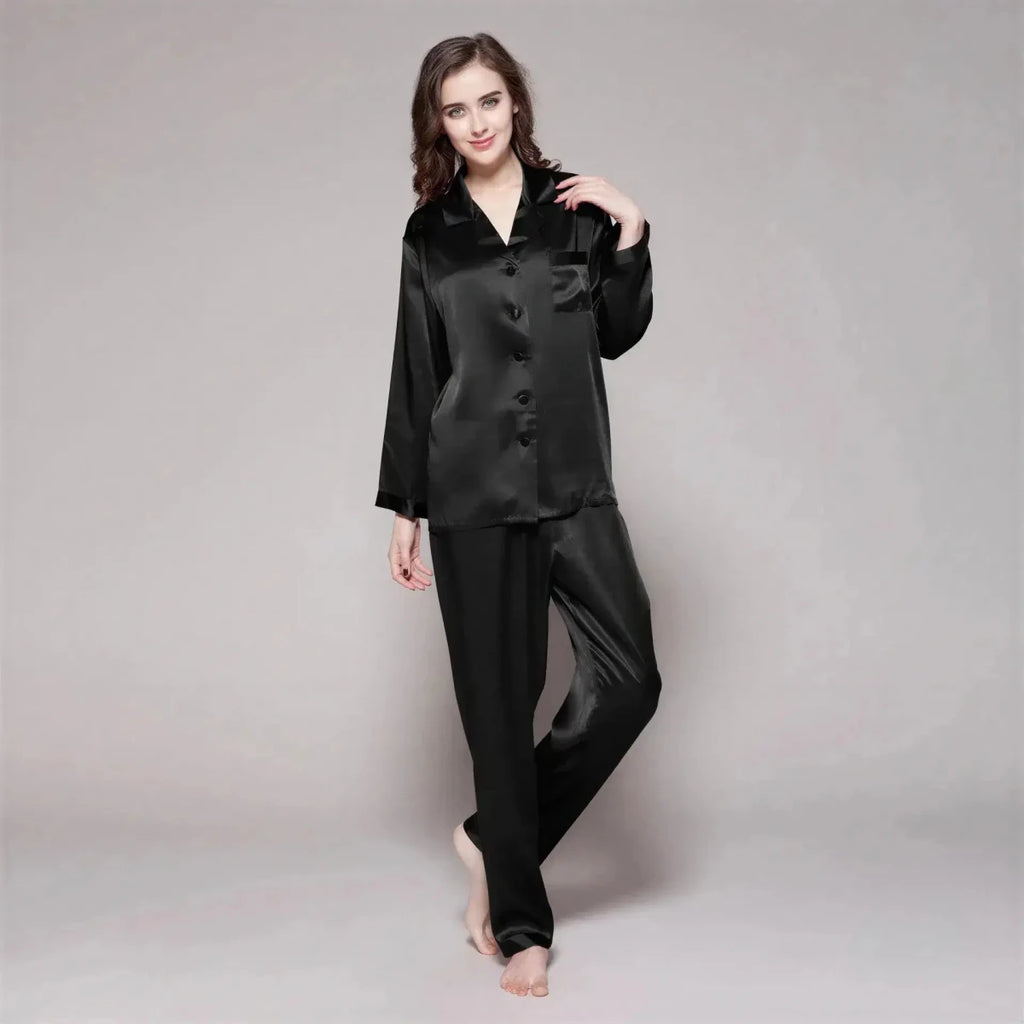 Women's Mulberry Silk Pajama Set | Long Sleeve 2-Piece Sleepwear Black Windia