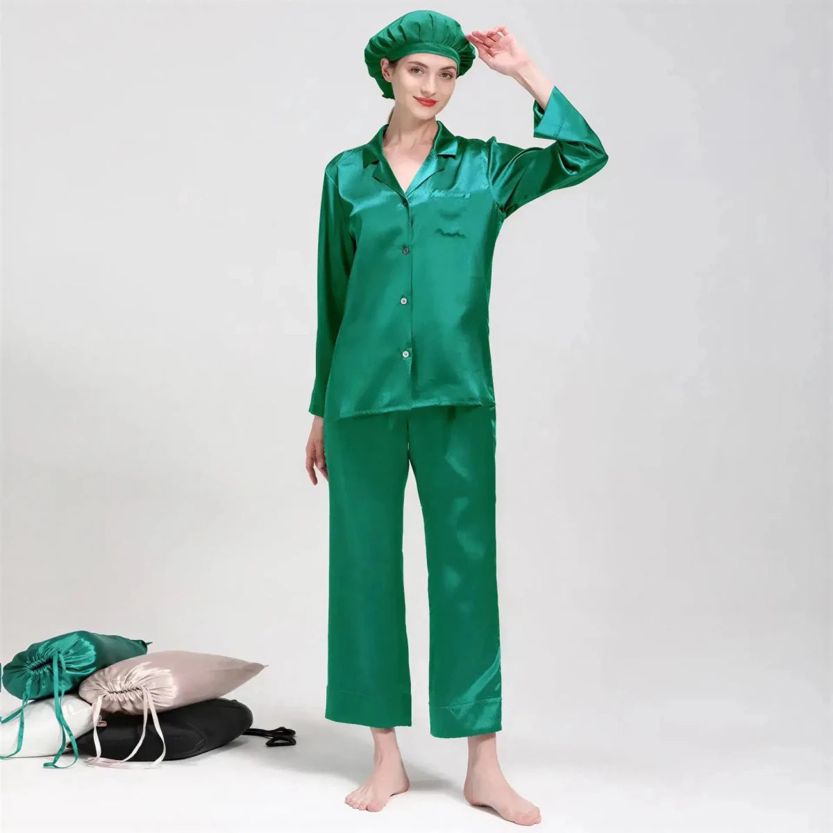 Women's Mulberry Silk Pajama Set | Long Sleeve 2-Piece Sleepwear Dark Green Windia