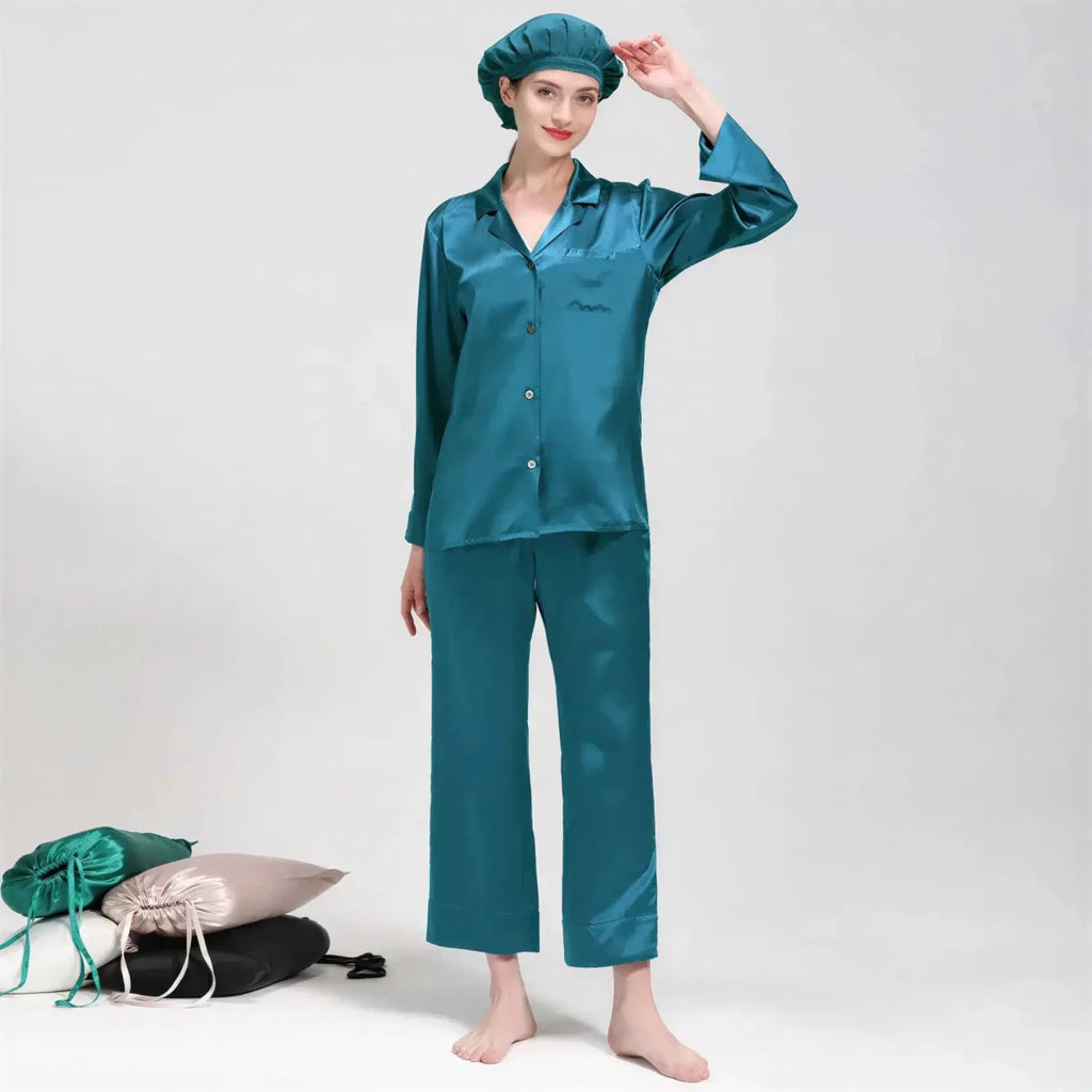Women's Mulberry Silk Pajama Set | Long Sleeve 2-Piece Sleepwear Peacock Blue Windia