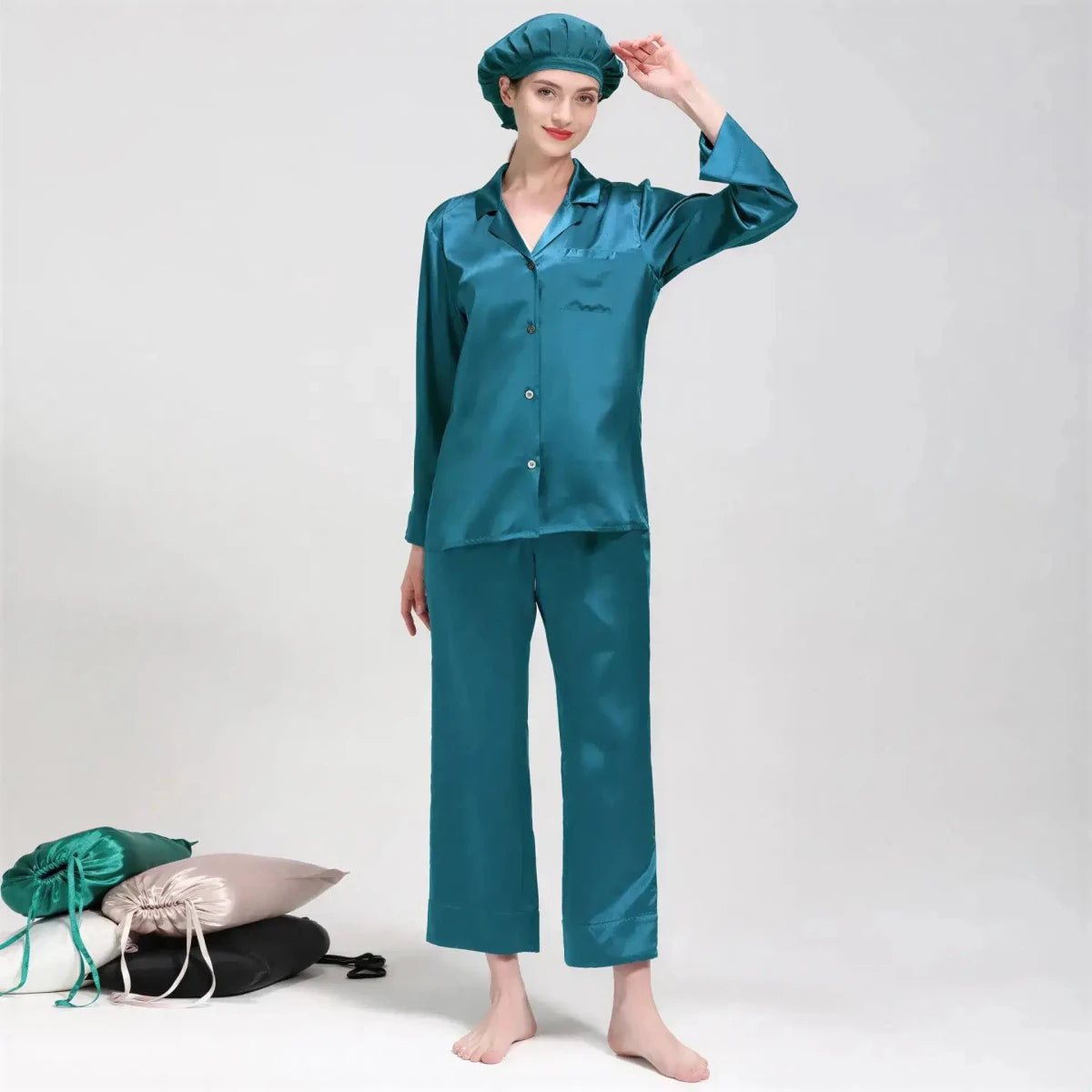 Women's Mulberry Silk Pajama Set | Long Sleeve 2-Piece Sleepwear Peacock Blue Windia