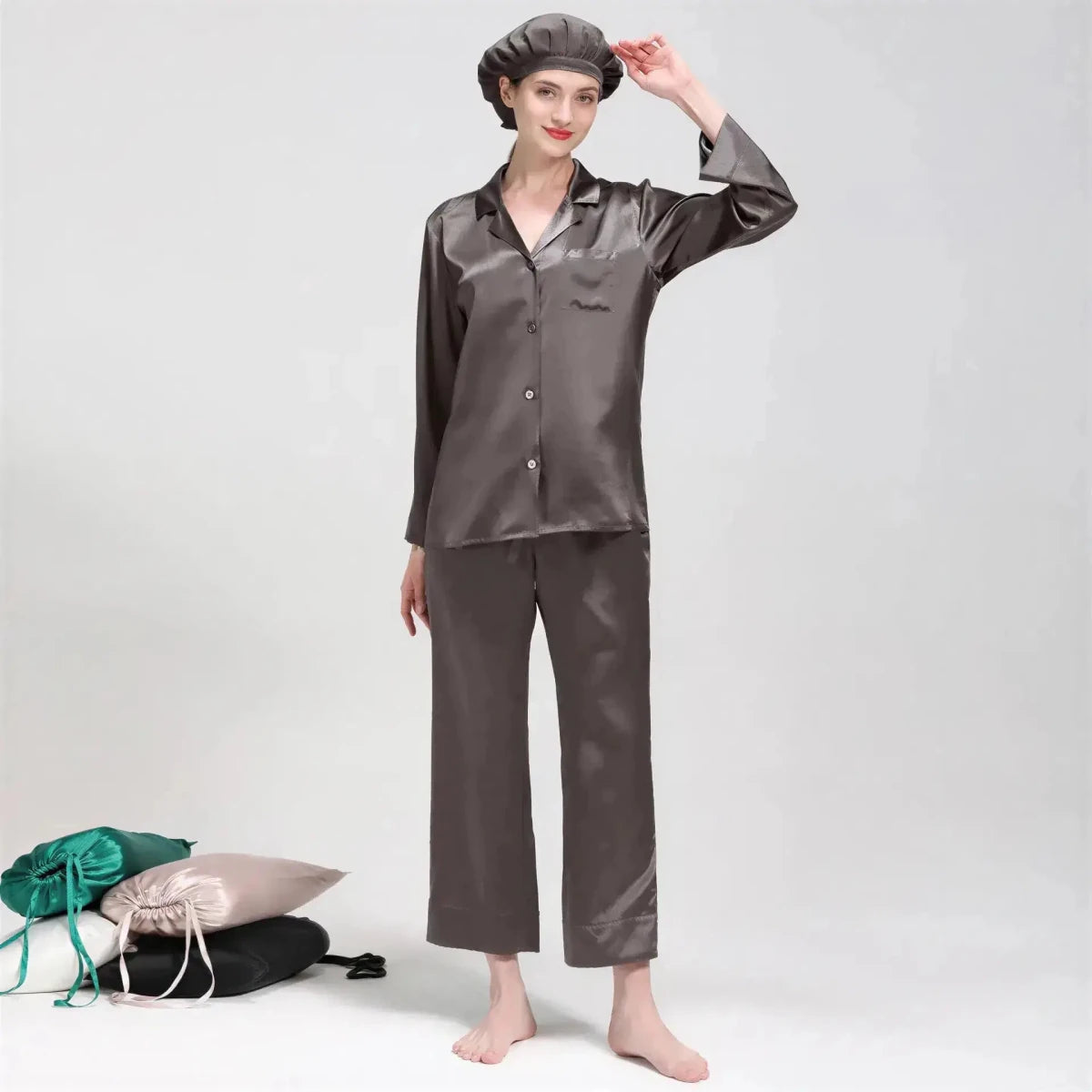 Women's Mulberry Silk Pajama Set | Long Sleeve 2-Piece Sleepwear Grey Windia