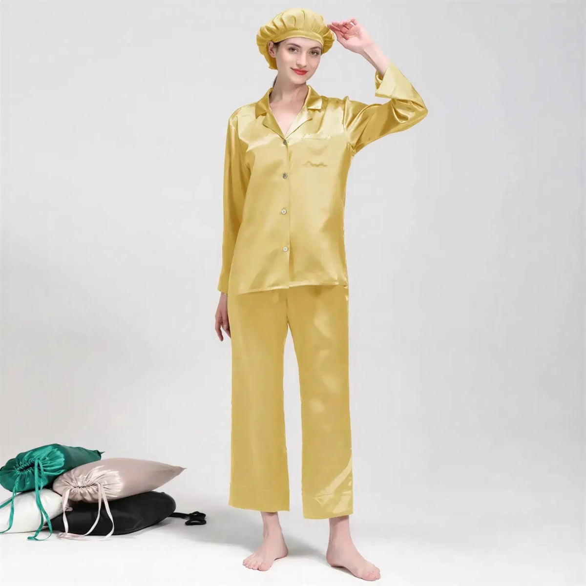 Women's Mulberry Silk Pajama Set | Long Sleeve 2-Piece Sleepwear Yellow Windia