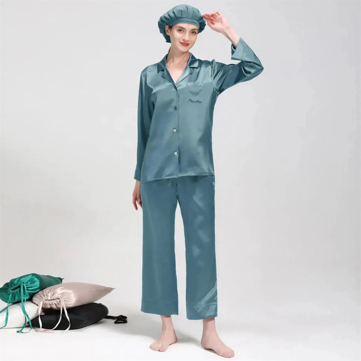 Women's Mulberry Silk Pajama Set | Long Sleeve 2-Piece Sleepwear Haze Blue Windia