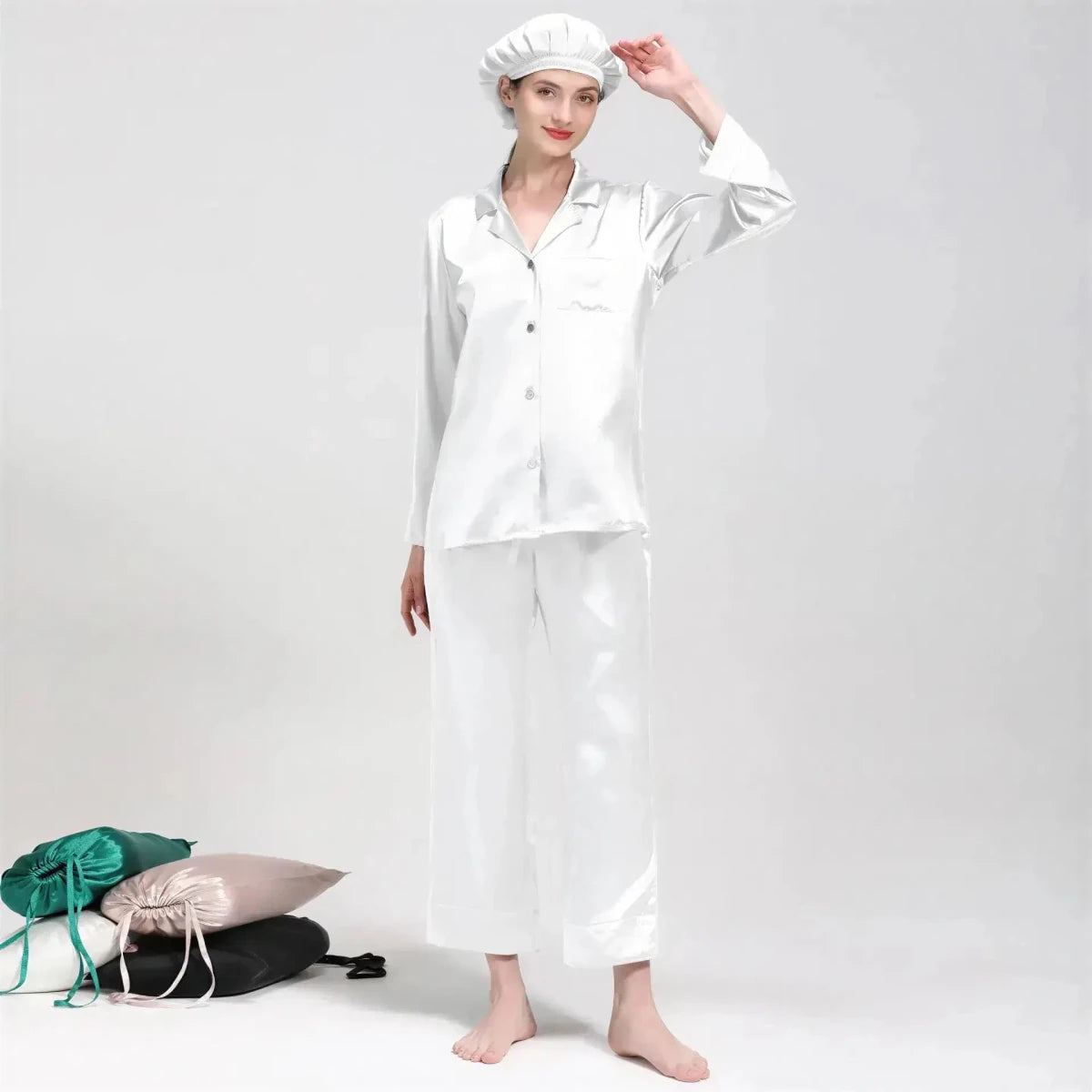 Women's Mulberry Silk Pajama Set | Long Sleeve 2-Piece Sleepwear White Windia