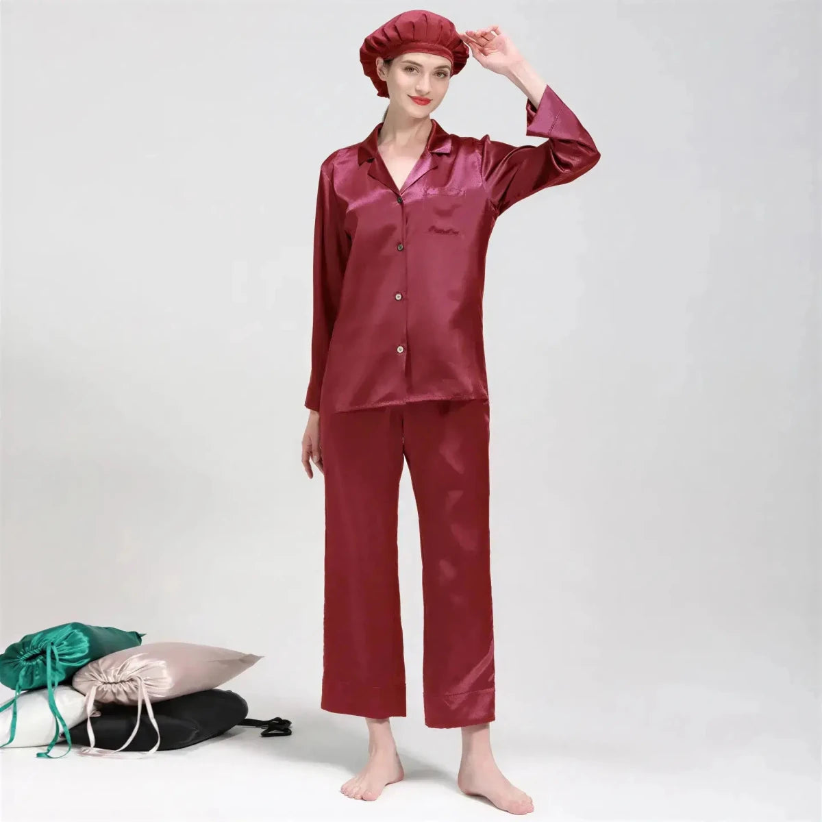 Women's Mulberry Silk Pajama Set | Long Sleeve 2-Piece Sleepwear Wine Red Windia