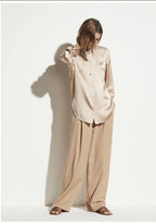 Women's Beige Pearl Silk Satin Lapel Shirt | Luxury Blouse - Windia