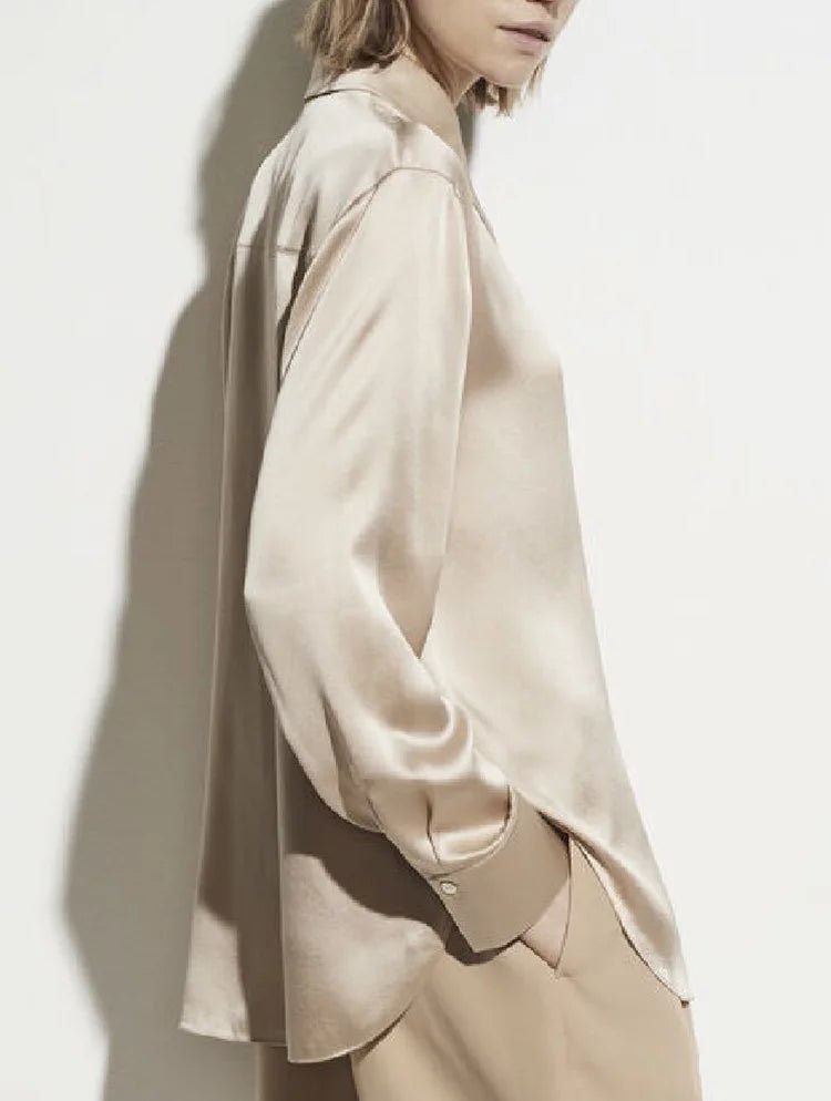 Women's Beige Pearl Silk Satin Lapel Shirt | Luxury Blouse - Windia