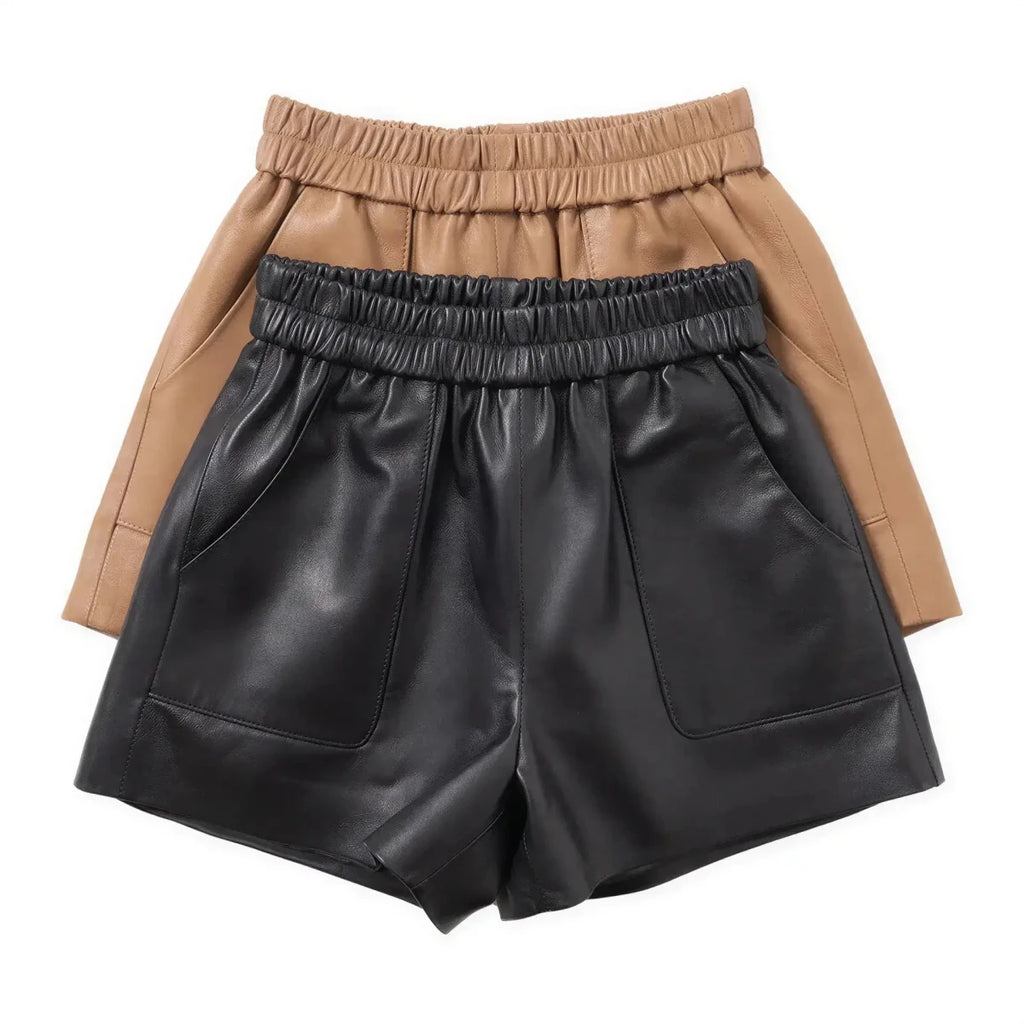 Women's Sheepskin Leather Wide-Leg Shorts | Genuine Leather | Camel & Black | S–3XL S Windia