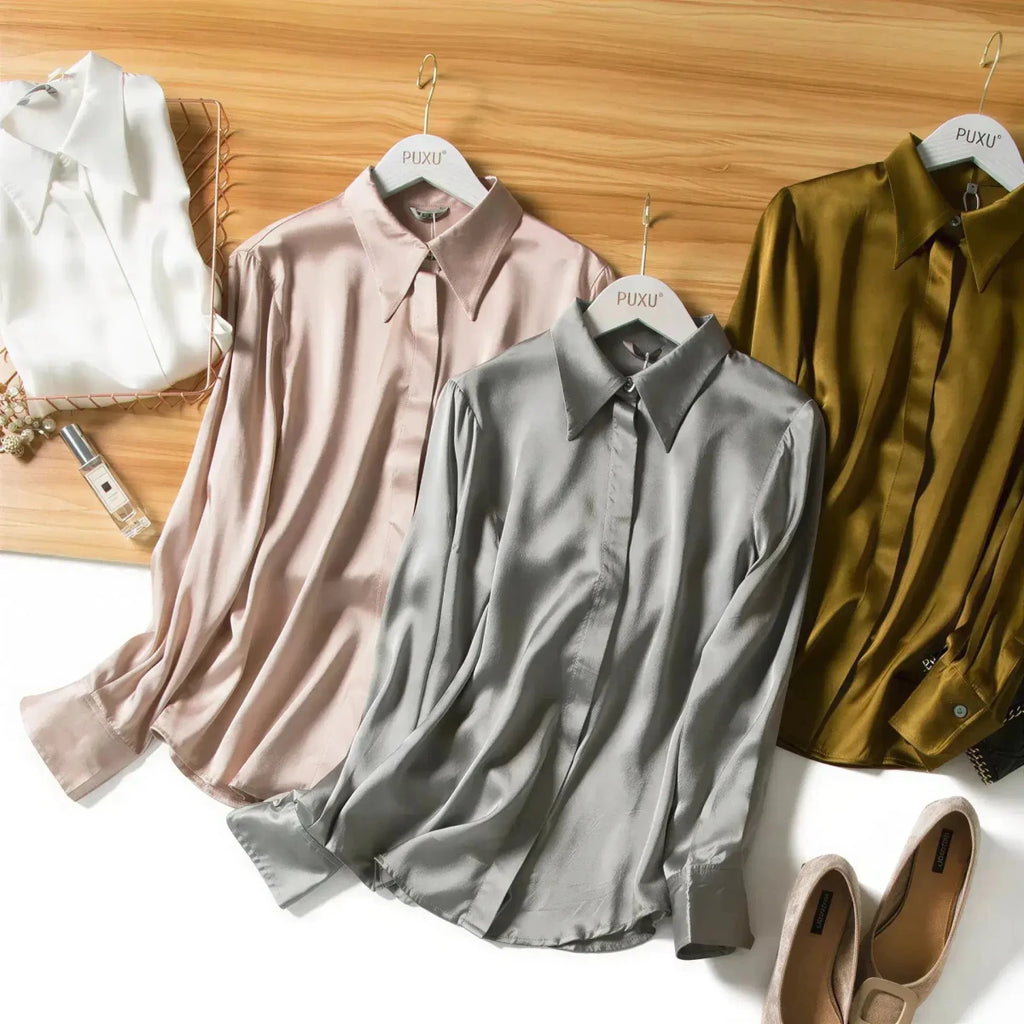 Women's Silk Satin Shirt | Long Sleeve Loose Blouse M Windia