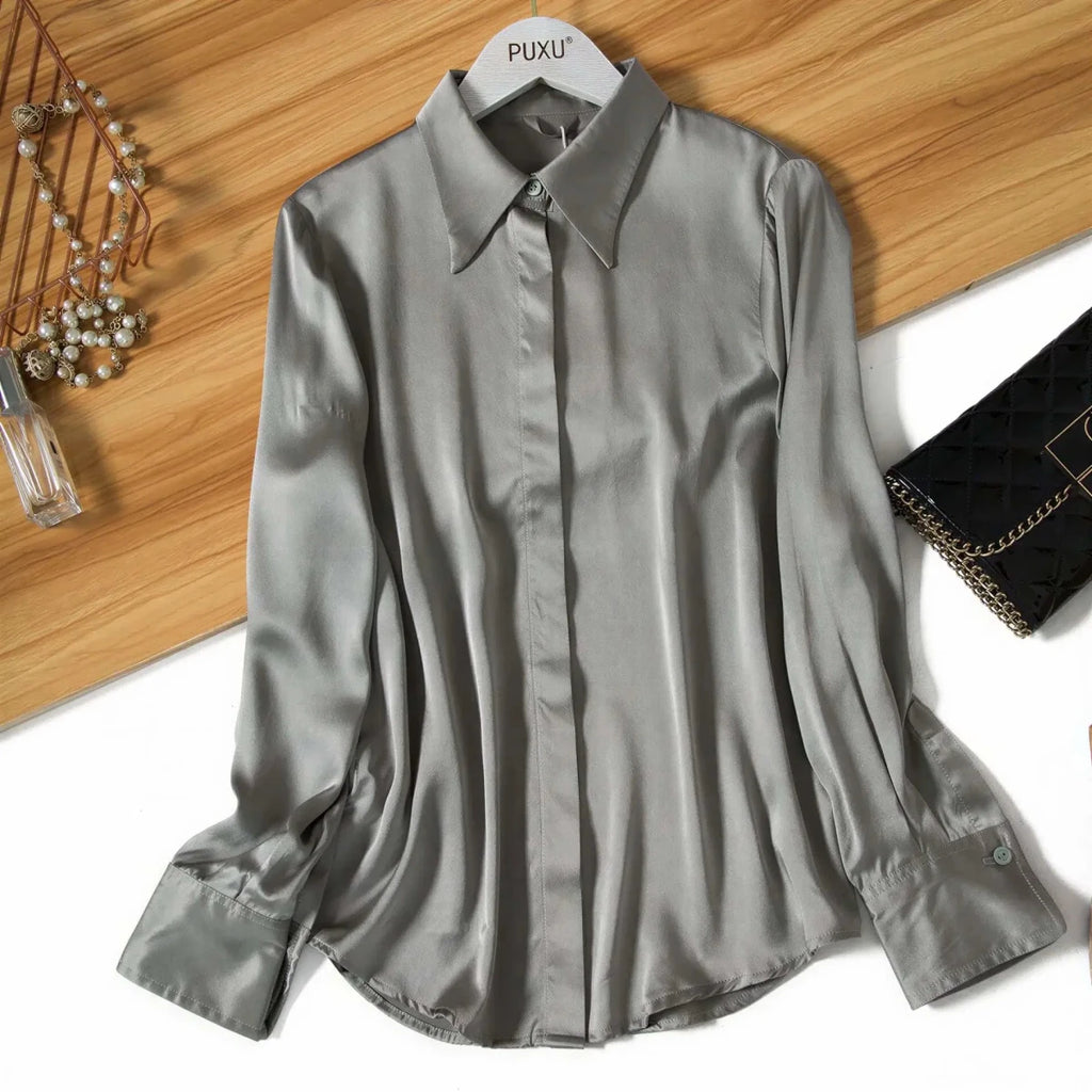 Women's Silk Satin Shirt | Long Sleeve Loose Blouse M Windia